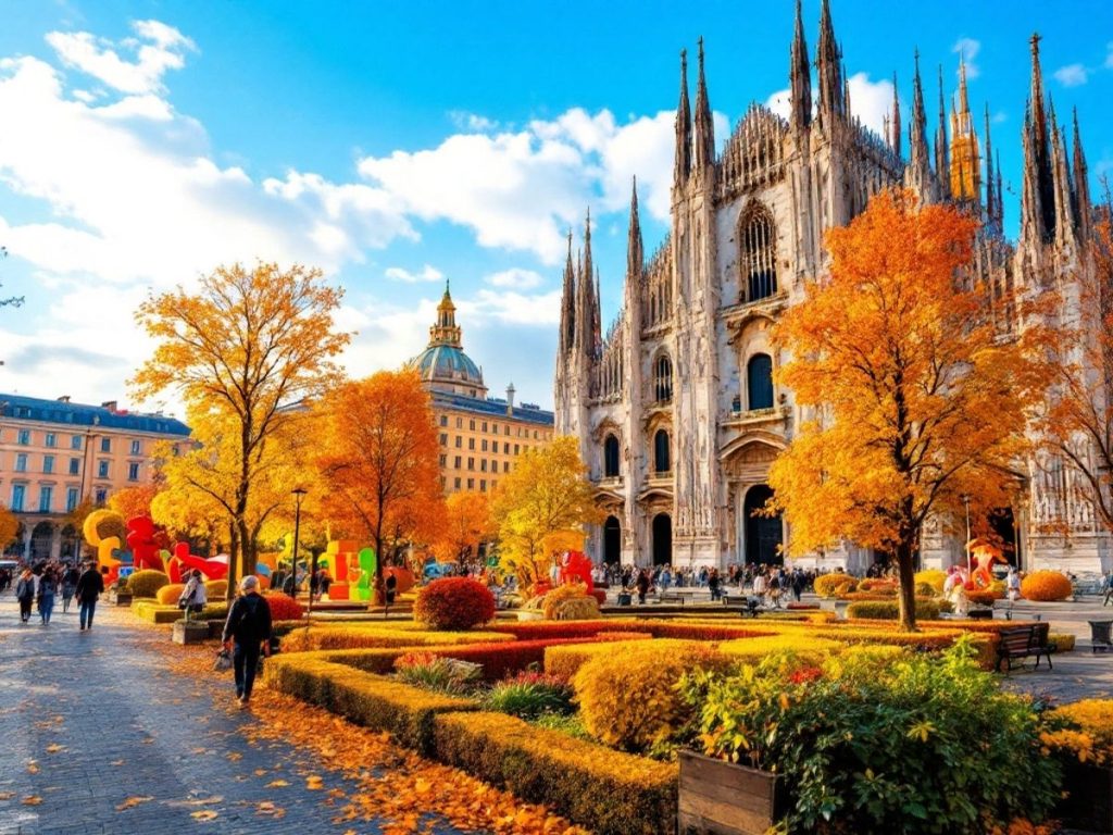 Milano in autunno con foglie colorate e arte.